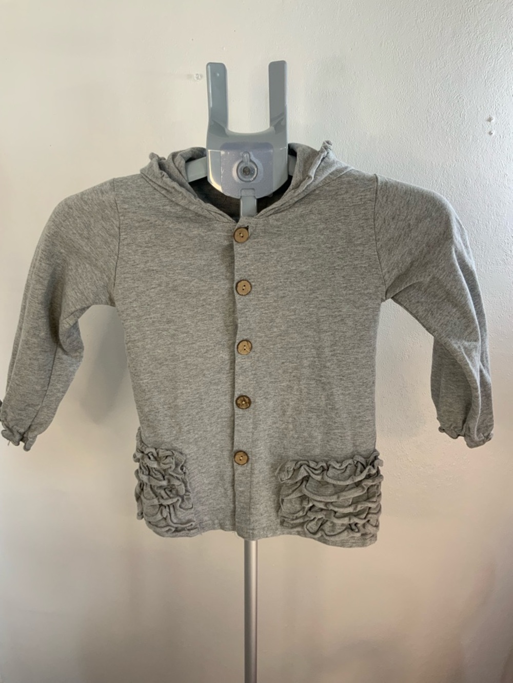 Girls' Gray Ruffle Pocket Hooded Button-Up Cardigan